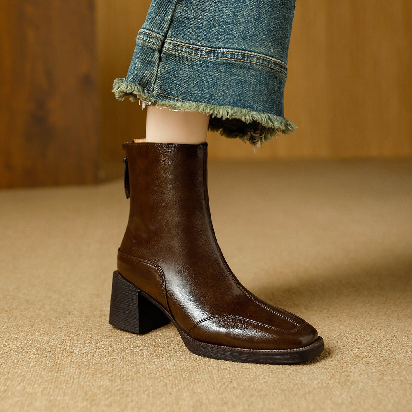 Women's Skinny French Brown Winter Chunky Square Women's Leather Boots