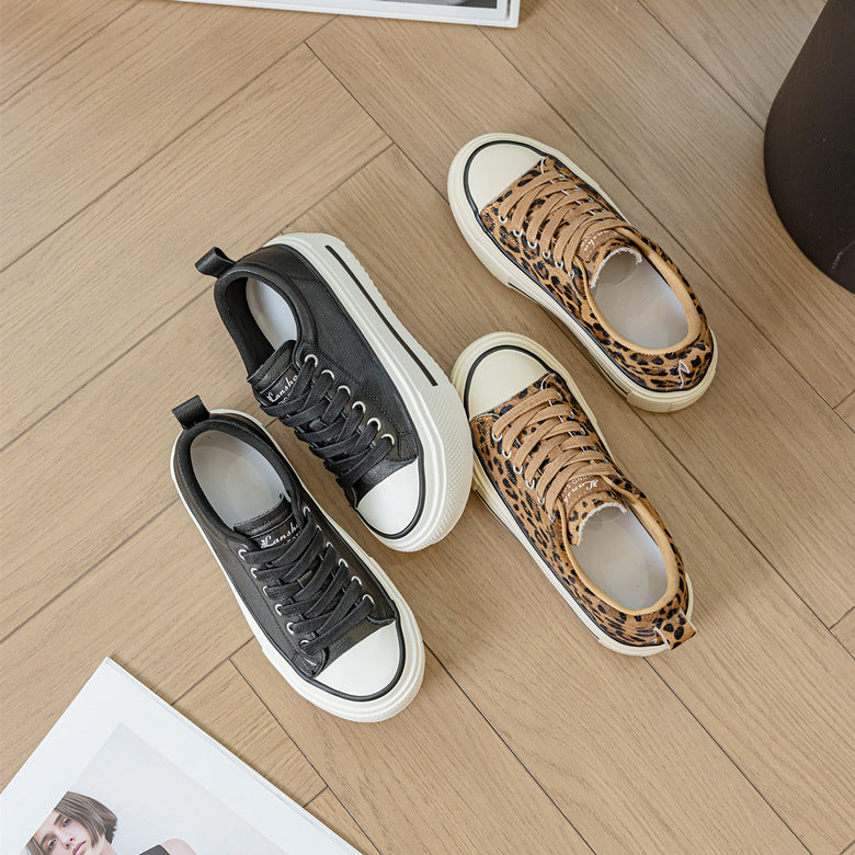 Women's Hight Increasing Thick Bottom Horse Fur Sports Leopard Women's Board Shoes