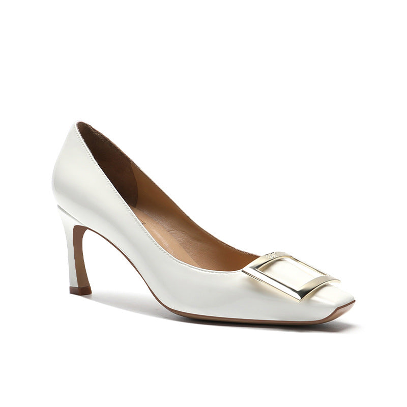 Women's Metal Buckle Patent Square Toe Mid Women's Casual Shoes