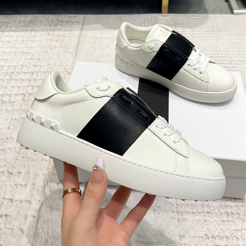 Women's & Men's Rivet White Top Layer Cowhide Platform Sneakers