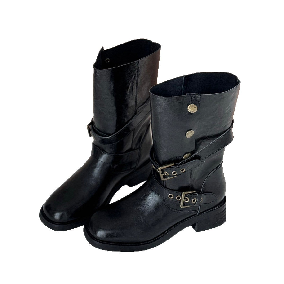 Women's Black Martin Chunky Round Toe Middle Belt Buckle Hot Retro Boots
