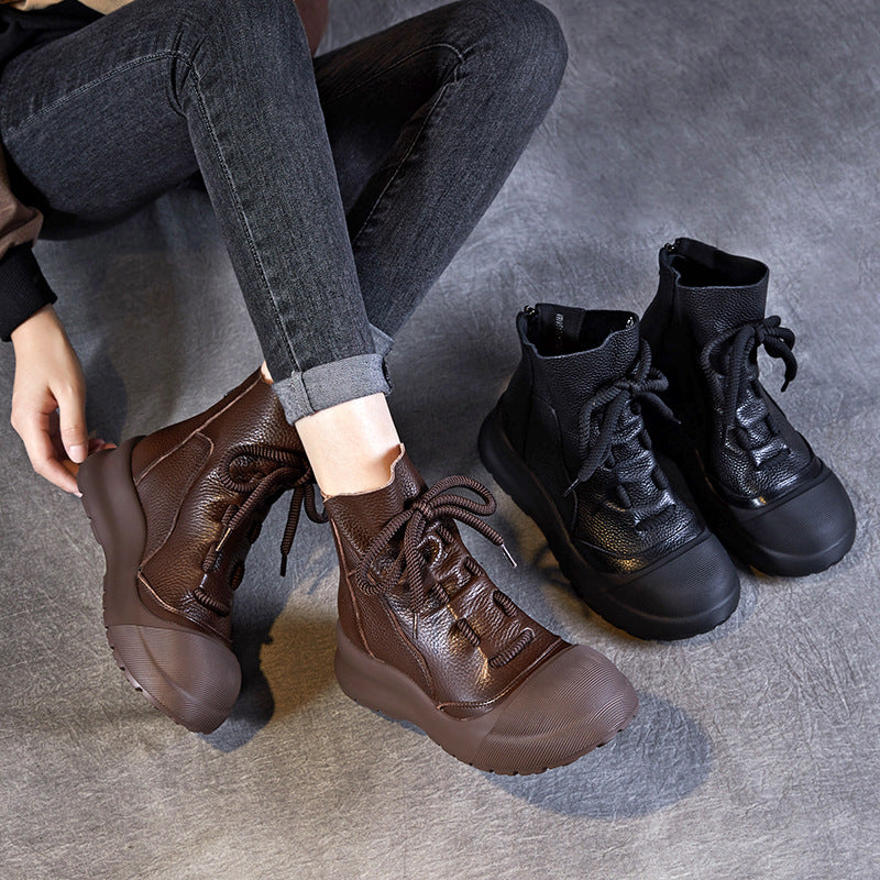 Women's Fashion Flat Top Layer Cowhide Shell Toe High Ankle Women's Leather Boots