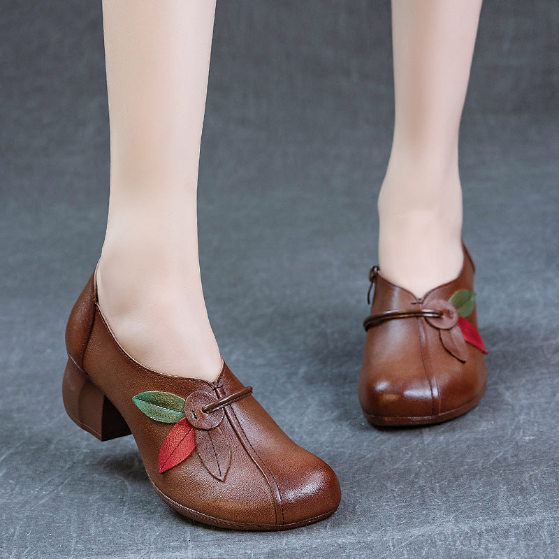 Women's Autumn Thick Soft Bottom First Layer Cowhide Ethnic Style Flower Heels