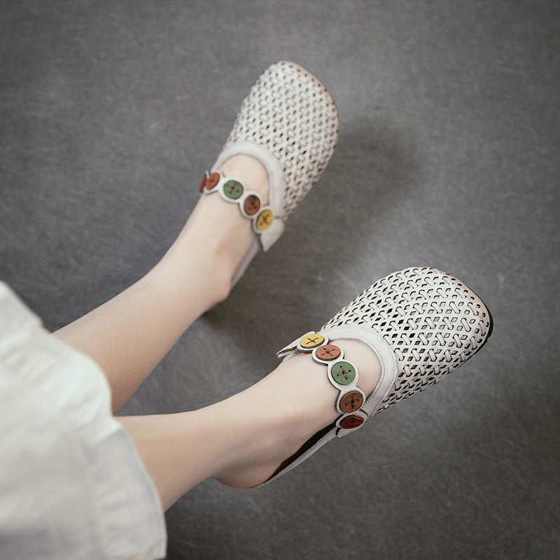 Women's First Layer Cowhide Outer Wear Hollow Breathable Flat Slippers