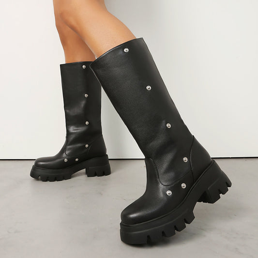 Women's High Chunky Platform Round Toe Metal Rivet Two-way Pile Style Men's Shoes