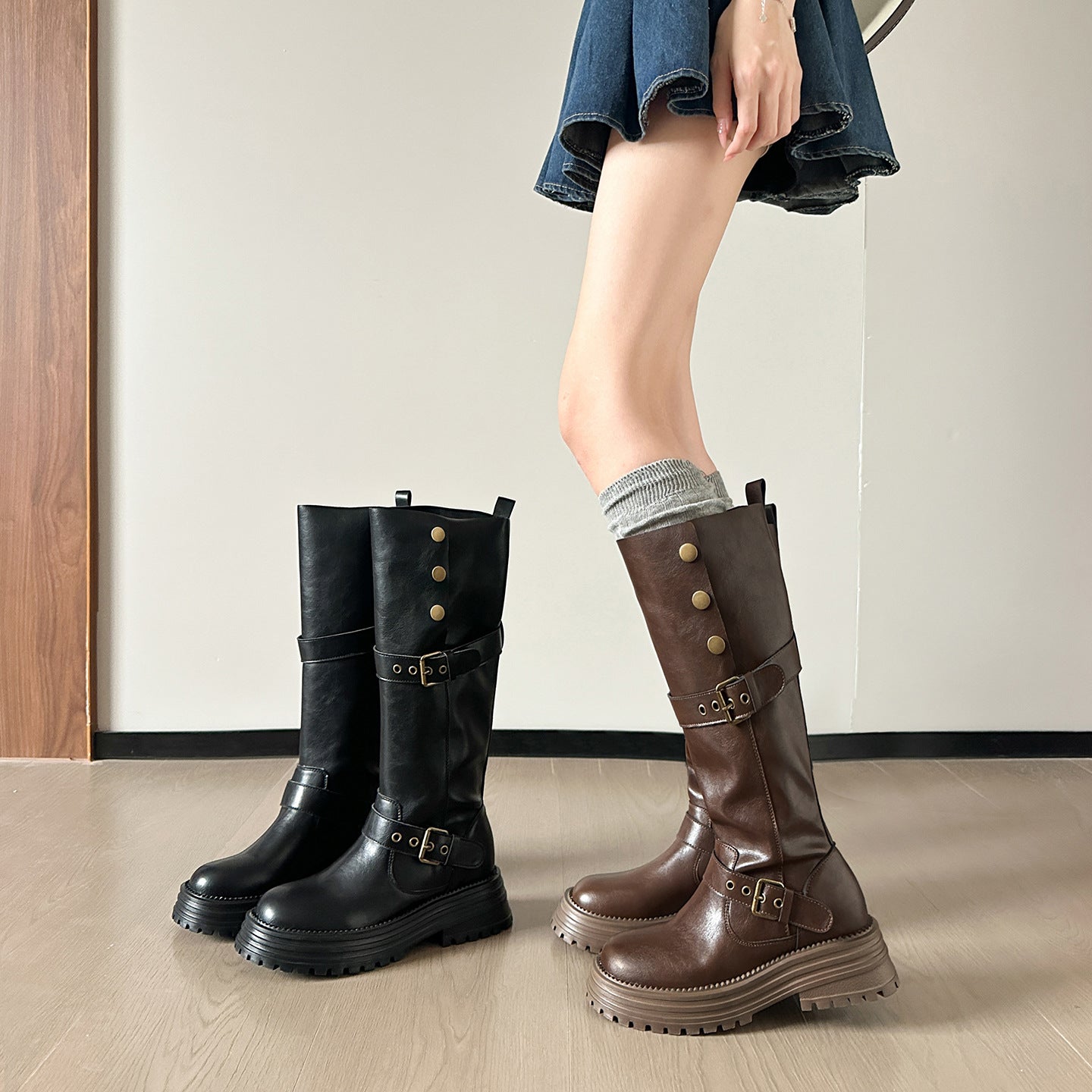 Women's Autumn Height Increased Retro Folding Two-way Wear Thick Bottom Fleece-lined Women's Leather Boots