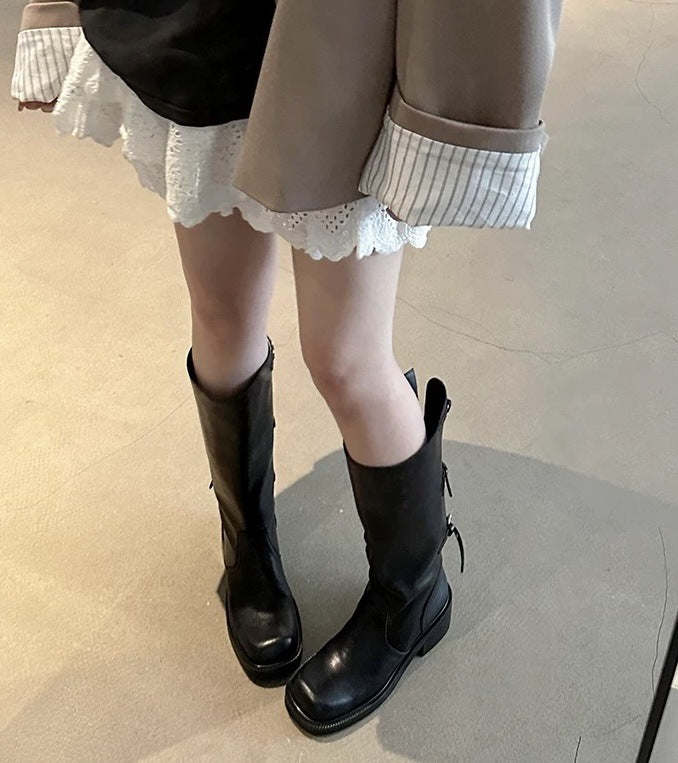 Women's Minority Belt Buckle Tall Knight Chunky Women's Leather Boots