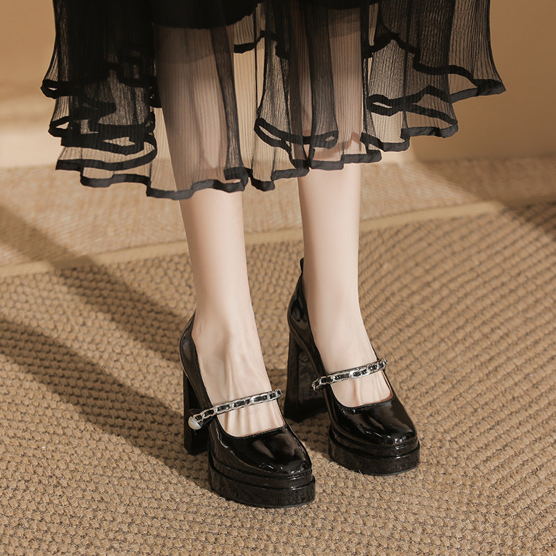 Platform Mary Jane Square Head Chunky Thick Bottom Increased Not Heels