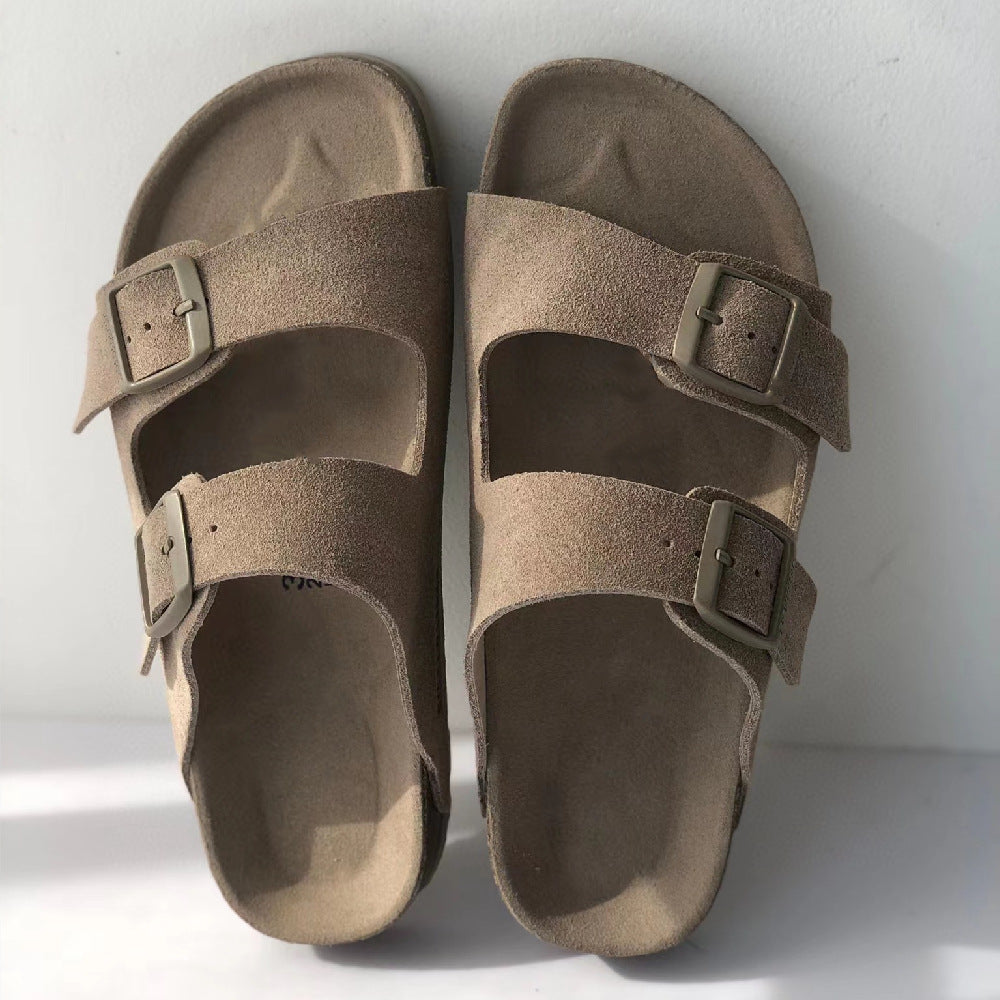Women's Belt Buckle Cork Cowhide Soft Bottom Sandals