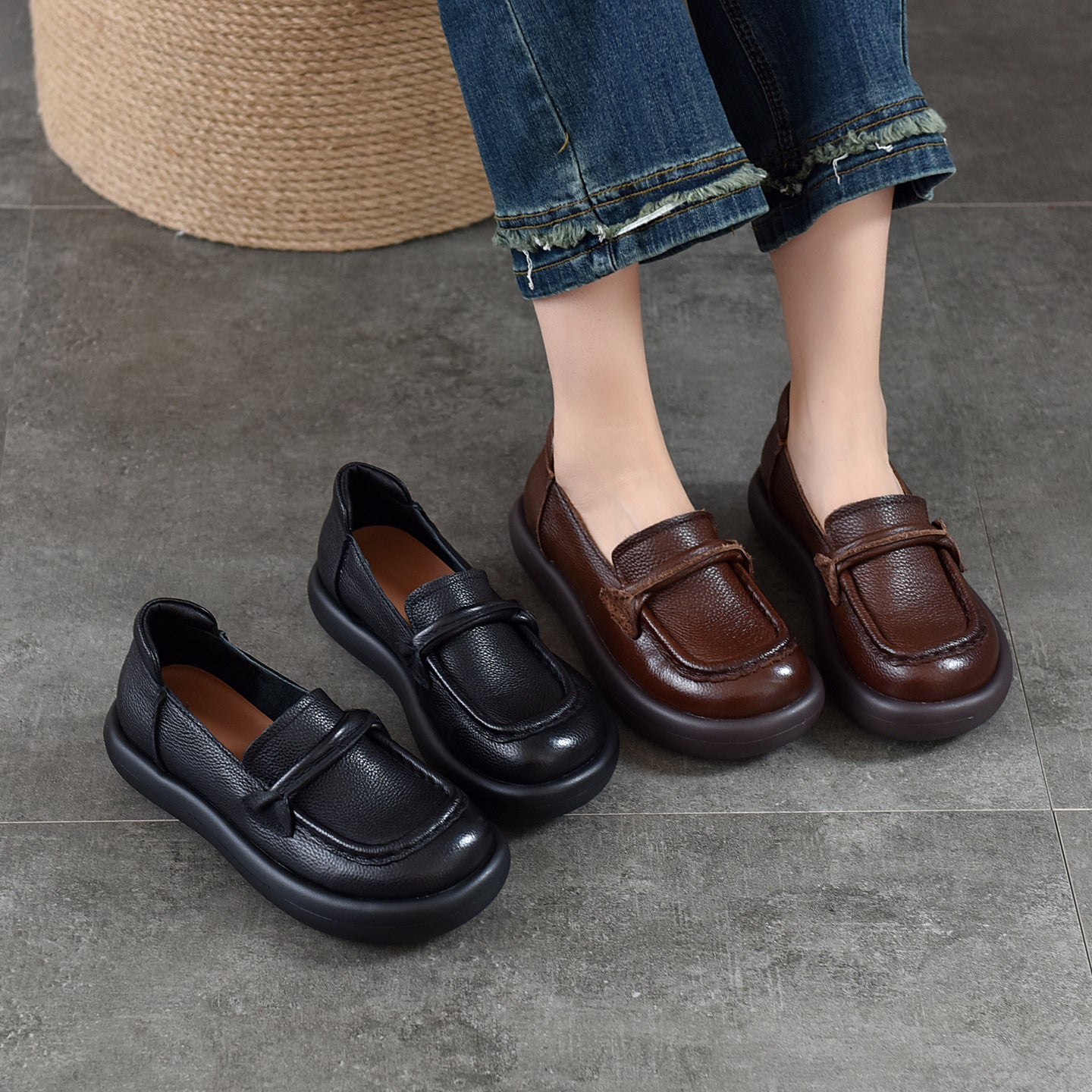 Women's Spring First Layer Cowhide Bread Simple Genuine Loafers