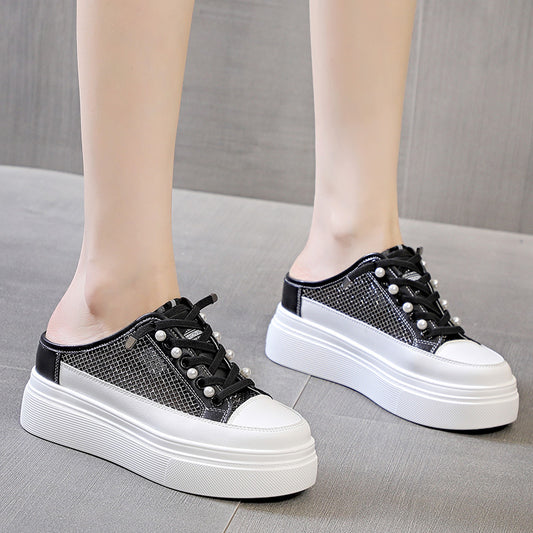 Women's Cap Platform Muffin Height Increasing Insole Pearl Slippers