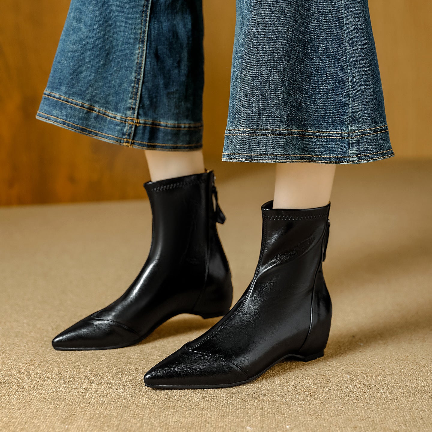 Back Zipper Fashion Slimming Simple Height Increasing Women's Leather Boots