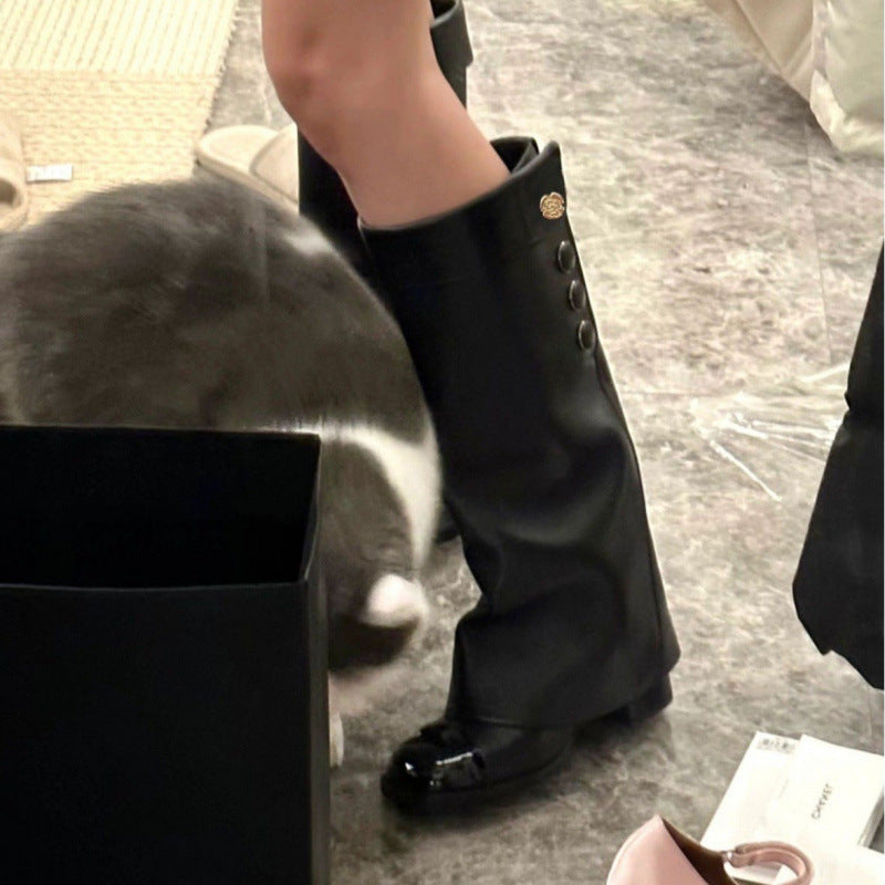 Sheepskin Version Camellia Genuine Chunky Knight Long Female Classic Style Women's Leather Boots