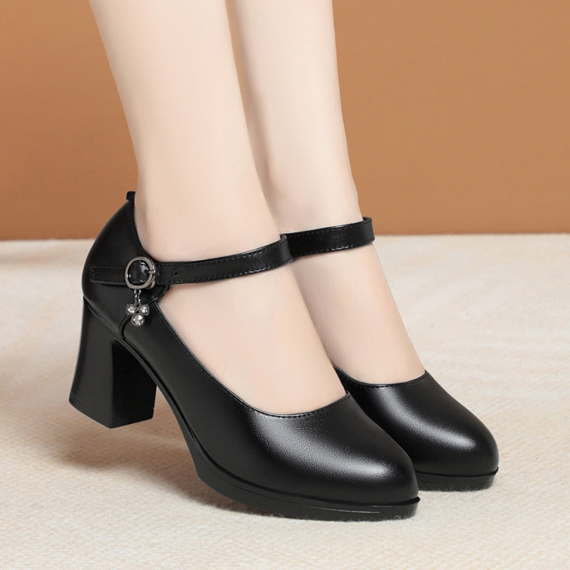 Women's Korean Style Mid Cowhide Low-cut Chunky Mom Dancing Single-layer Heels