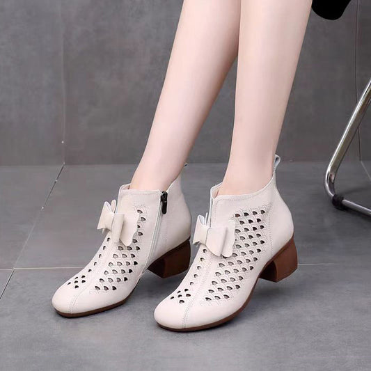 Retro Ethnic Style Cowhide Hollow Round Head Rubber Soft Bottom Middle-aged Mother Shoes