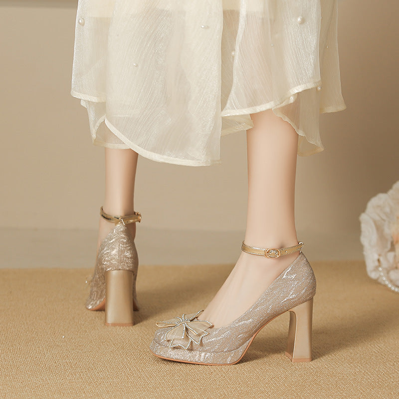 Women's Toe Chunky Mary Jane Korean Fairy Style Bow Women's Shoes