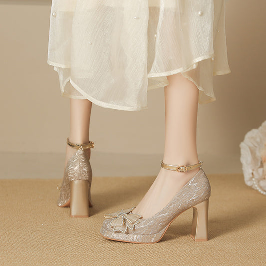 Women's Toe Chunky Mary Jane Korean Fairy Style Bow Women's Shoes