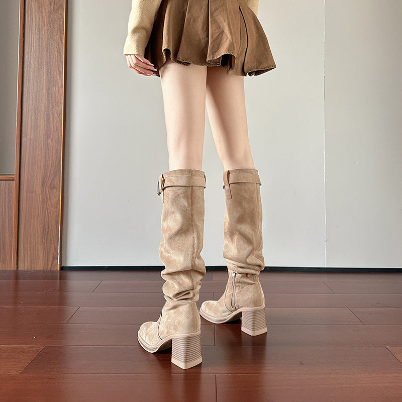 Women's Pile Style For V Cut Slimming Round Toe Thick High Women's Leather Boots