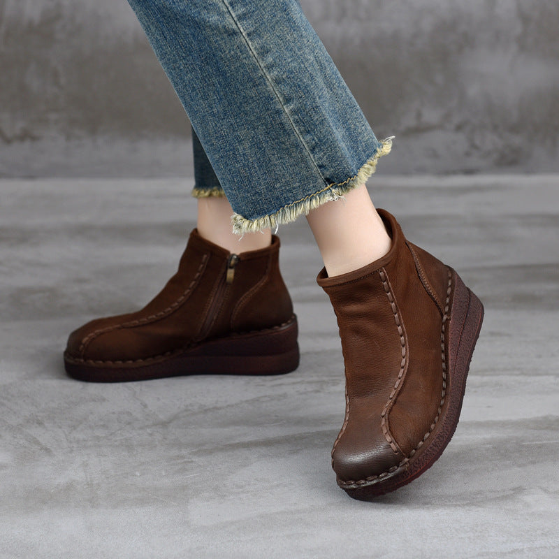 Women's Toe Wedge Artistic Style Solid Color Back Women's Leather Boots