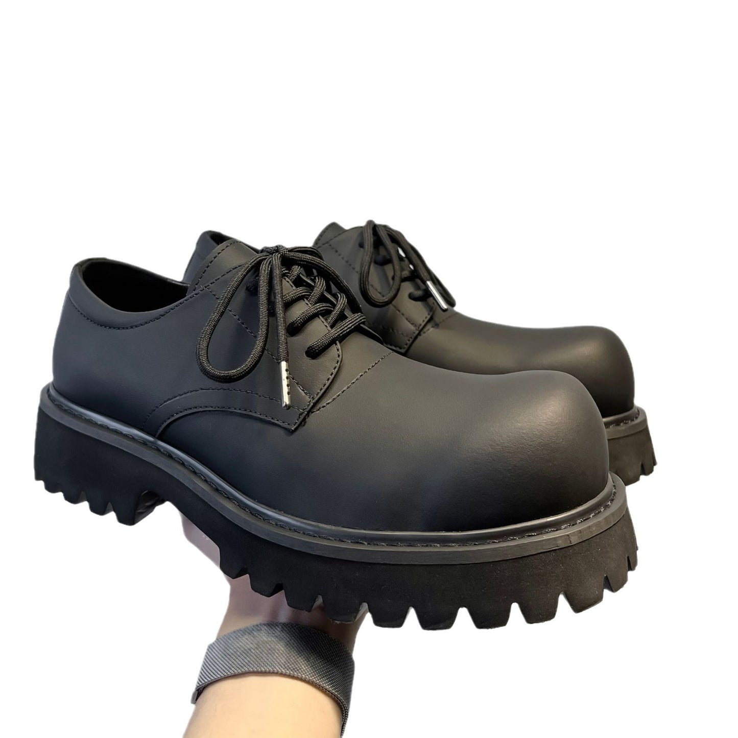Men's Derby Black Matte Big Head Platform Men's Casual Leather Shoes