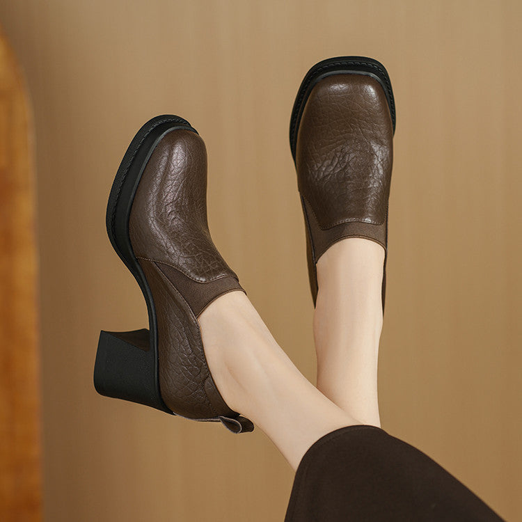 Women's High Pumps Spring Retro Chunky Increased Square Toe Women's Fashion Shoes