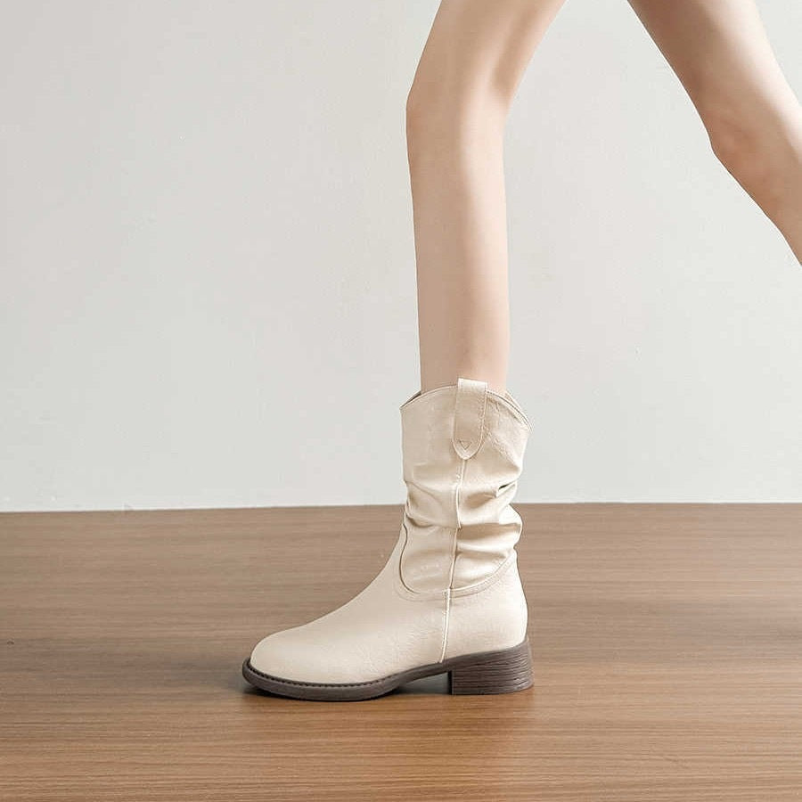 Women's Retro White Ankle Chunky Pleated Pile Style Women's Leather Boots