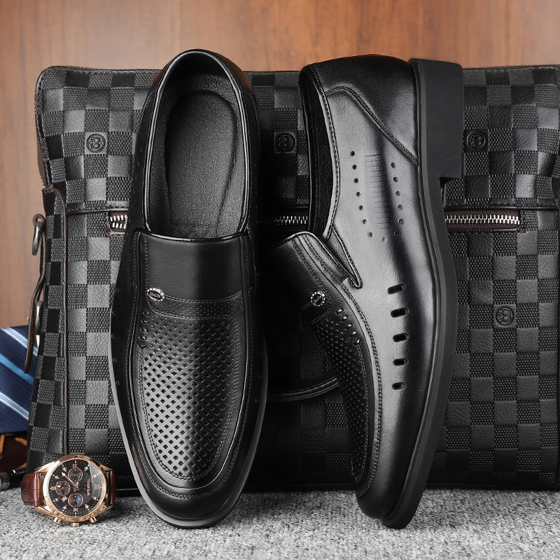 Men's Summer Cowhide Hollow Hole Business Dad Leather Shoes