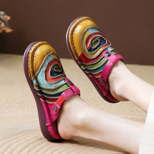 Women's Rainbow Cowhide Sewing Closed Toe Ethnic Style Flat Slippers
