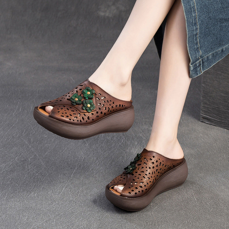 National Style Wedge Peep Toe Hollow Breathable Fashionable Slippers
