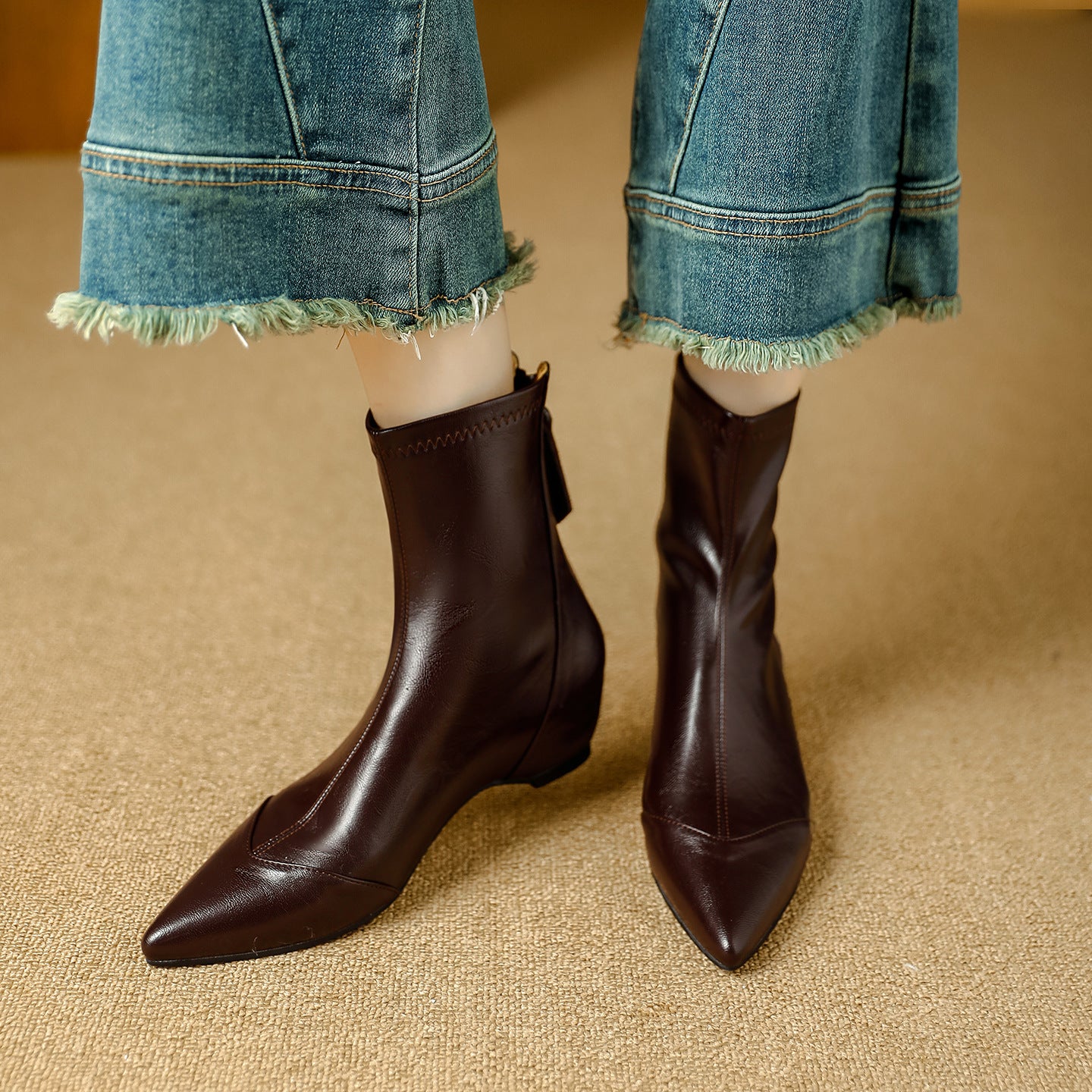 Back Zipper Fashion Slimming Simple Height Increasing Women's Leather Boots