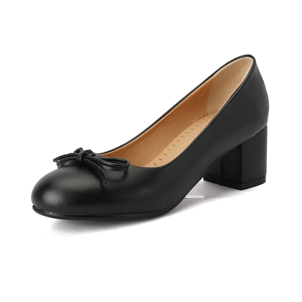 Women's Round Toe Bowknot Chunky Pumps Plus Size Mid Women's Fashion Shoes