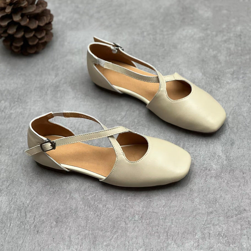 Women's Genuine Cross Mori Style Artistic Square Toe Temperament Wild Flat Women's Casual Shoes