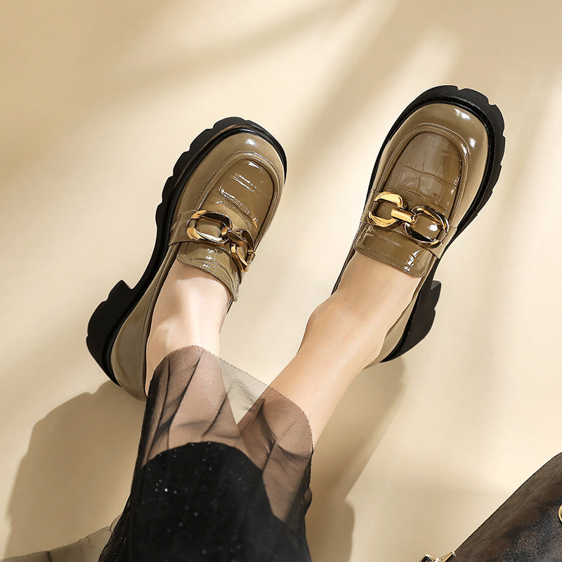 Women's Mid British Chunky Pumps Platform Black Leather Shoes