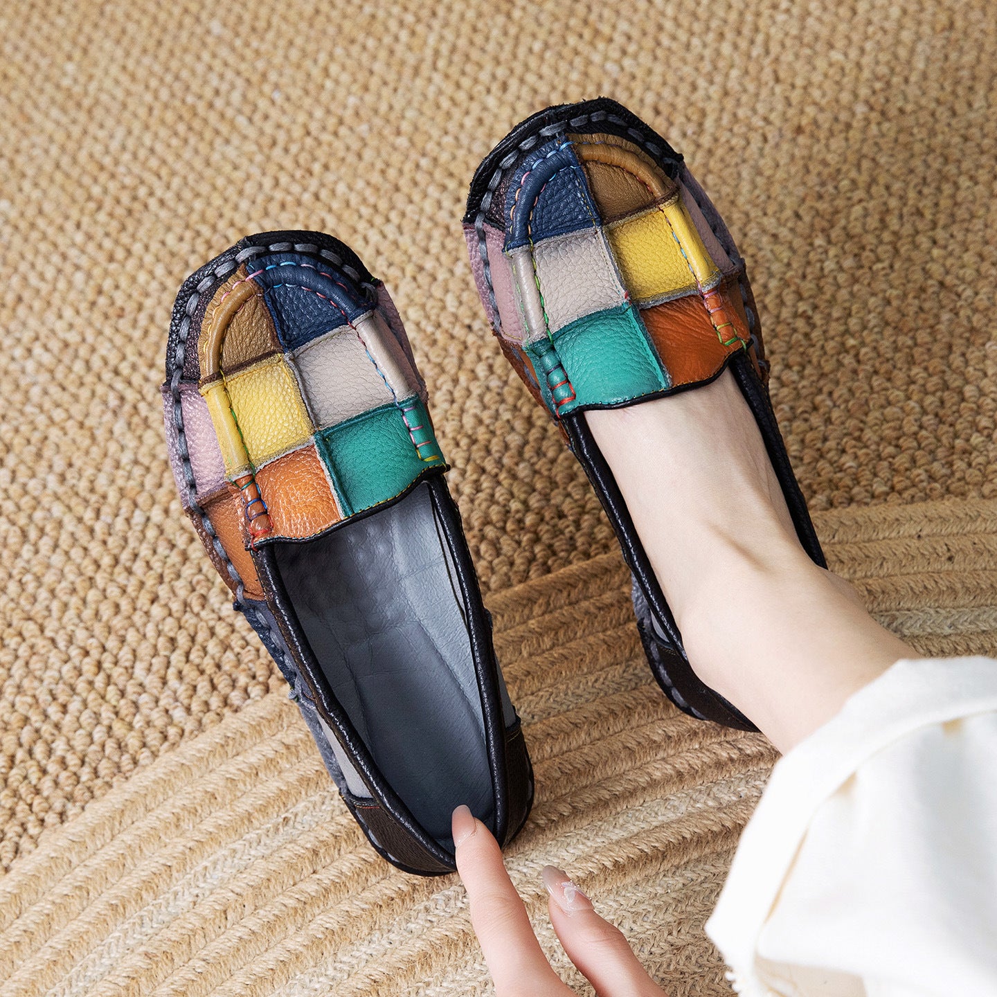 Women's Ethnic Style Spring Retro Handmade Rainbow Stitching Loafers