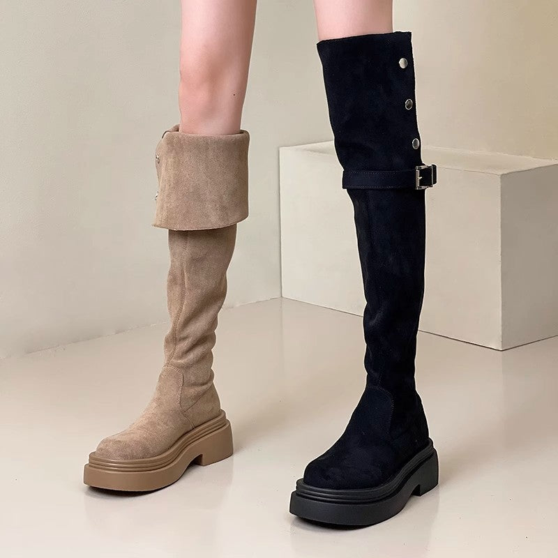 Women's Fashion Tribe Two Wear Fold Thick Bottom Chunky Women's Leather Boots