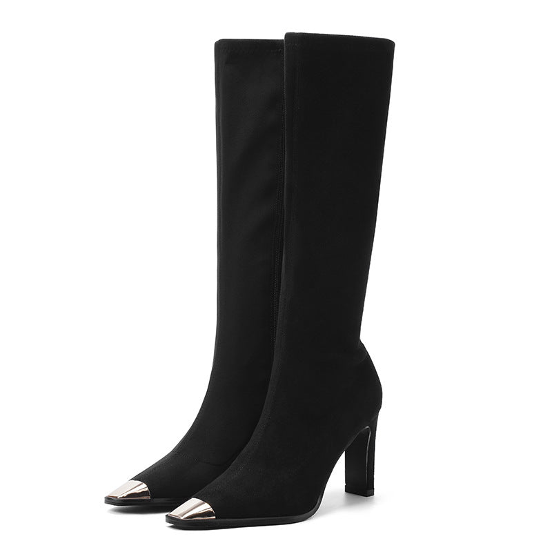 Metal Square Toe Stiletto High Leg Sexy Stretch Thin Women's Leather Boots