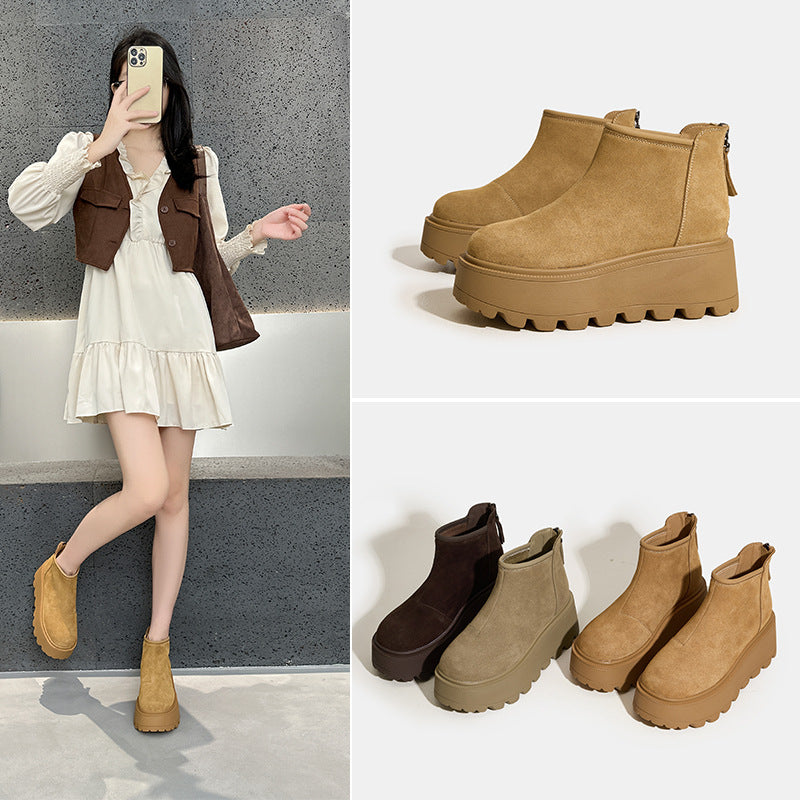Women's Cow Suede Platform Ankle Early Autumn Matte Hidden High-grade Retro Women's Leather Boots