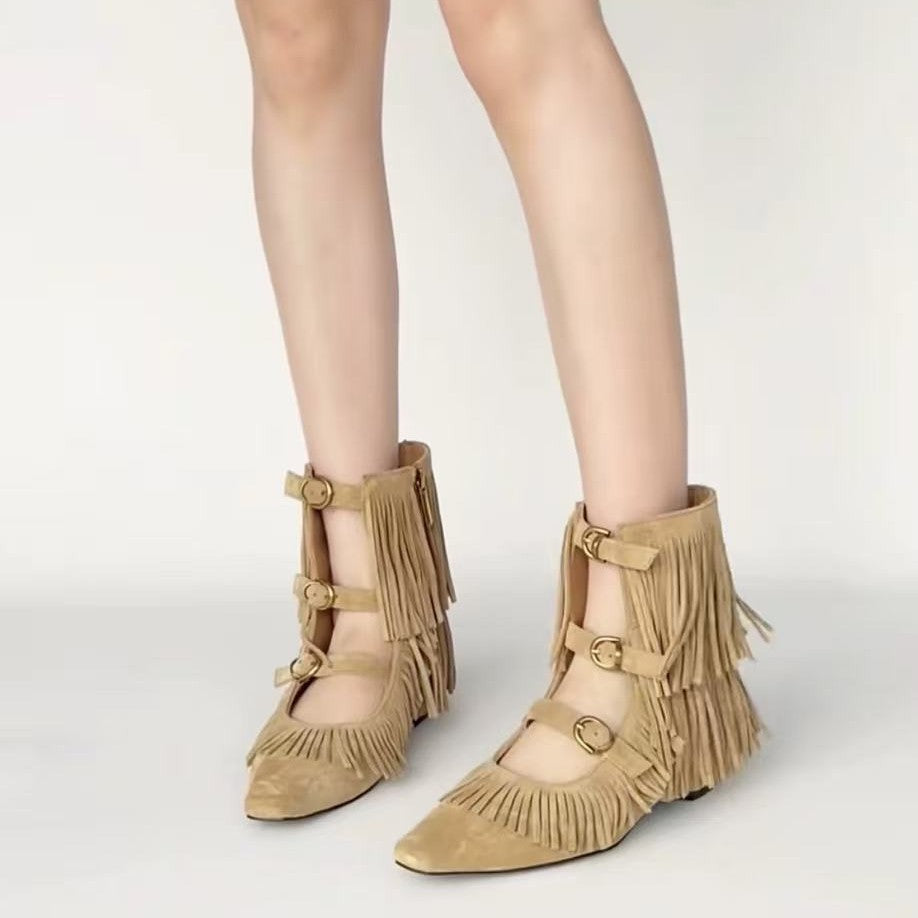 Women's Version Vintage Tassel Short Suede Square Toe Women's Leather Boots