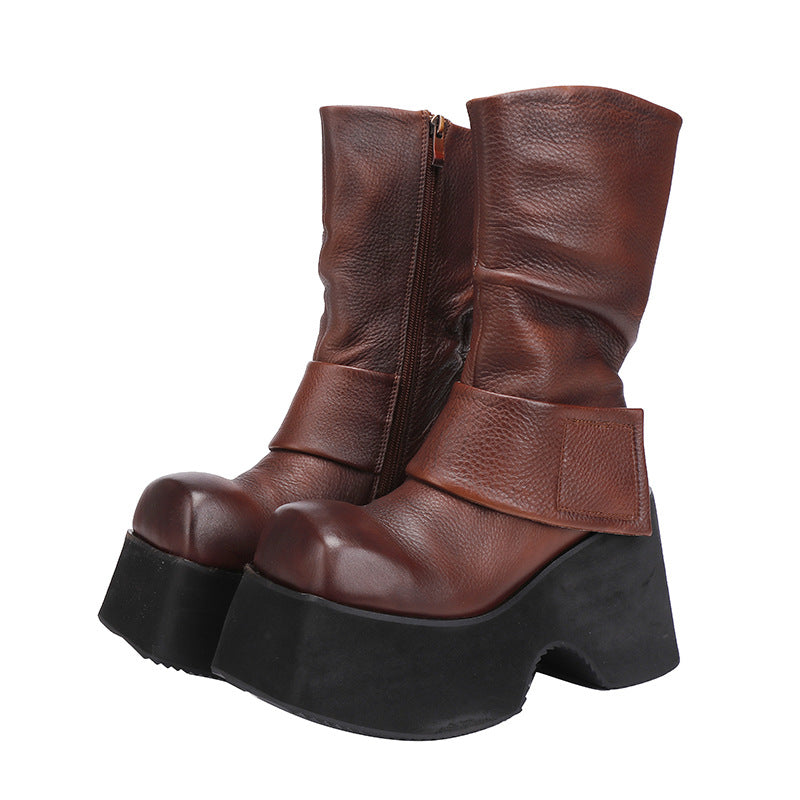 Women's Genuine Retro Handmade Small Pleated Full Light Boots