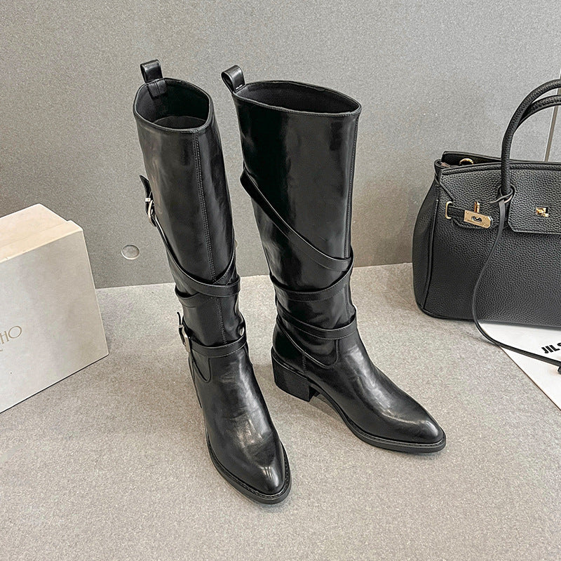 Women's Black High Knight Pointed Chelsea Skinny Women's Leather Boots