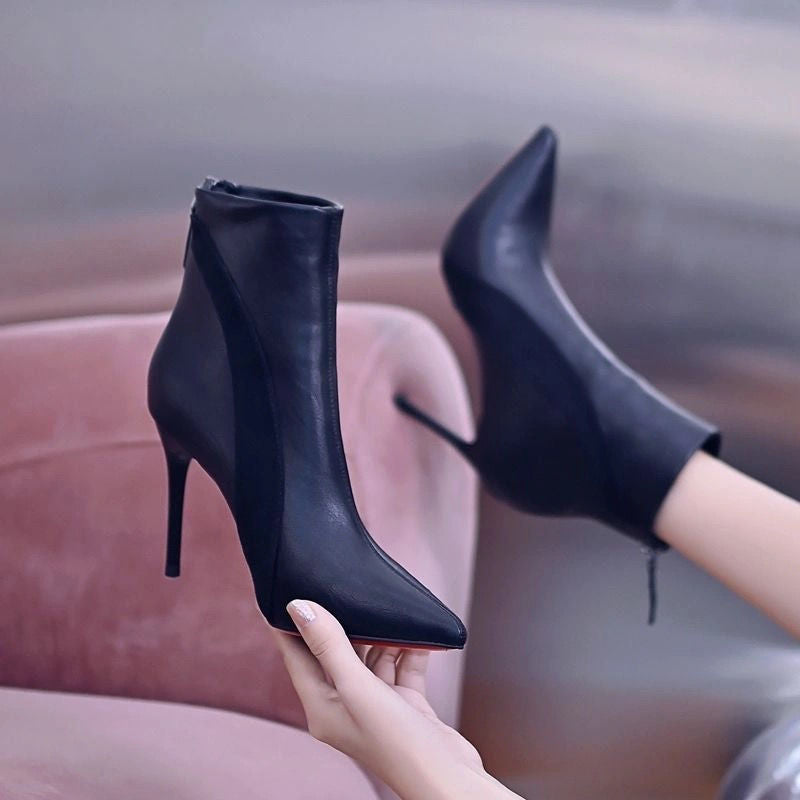 Women's & Men's Black Fleece-lined Skinny Pointed Toe Back Zipper Boots