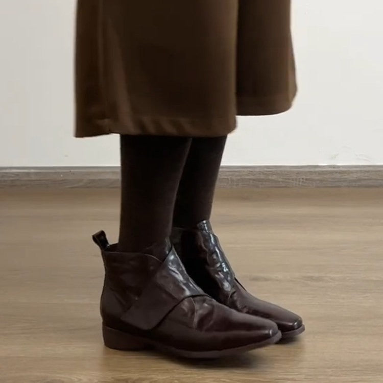Women's Cowhide Version Niche Square Toe Velcro Martin Boots