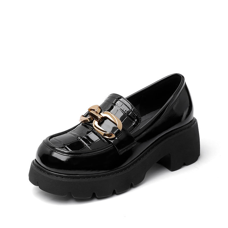 Women's Mid British Chunky Pumps Platform Black Leather Shoes