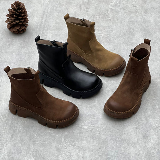 Women's Ankle Retro Ethnic Style Round Toe Muffin Bottom Women's Leather Boots