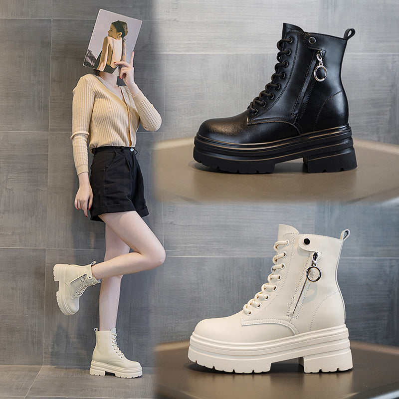 Women's Martin Fleece-lined Platform Elevator Ankle British Style Women's Leather Boots