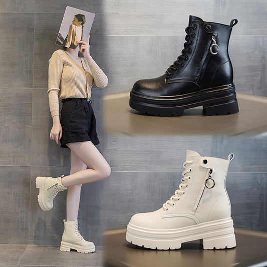 Women's Martin Fleece-lined Platform Elevator Ankle British Style Women's Leather Boots