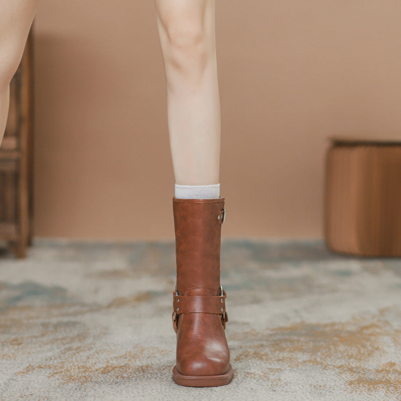 Chunky High Square Head Sleeve Locomotive Knight Height Increasing Women's Leather Boots