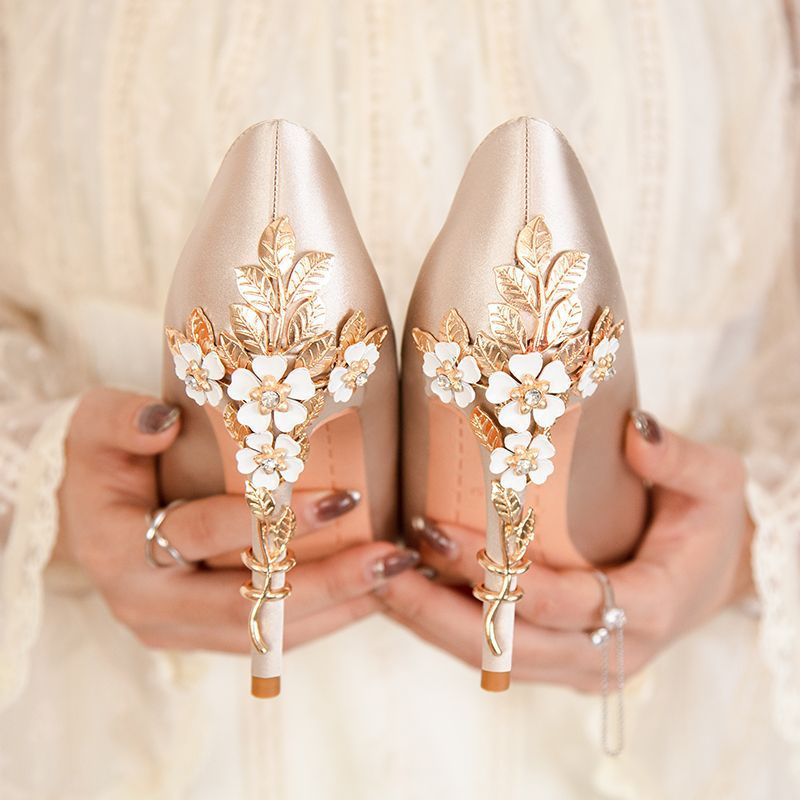 Entry Lux French Pointed Stiletto Satin High Sexy Flowers Design Heels