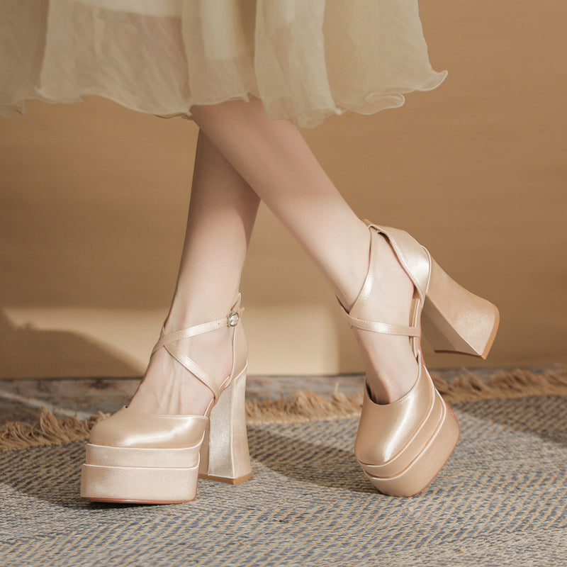Women's Square Toe Chunky Hollow Waterproof Platform Super High Wedding Heels
