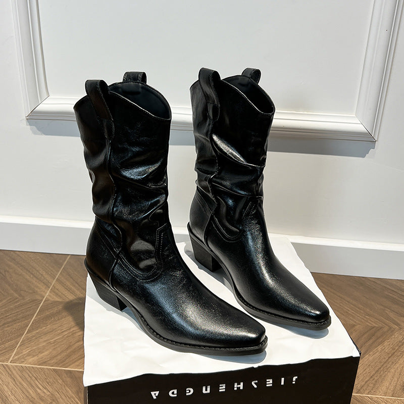 Women's Height Increasing Pile Style Autumn V Buckle Slimming Thick Middle Women's Leather Boots